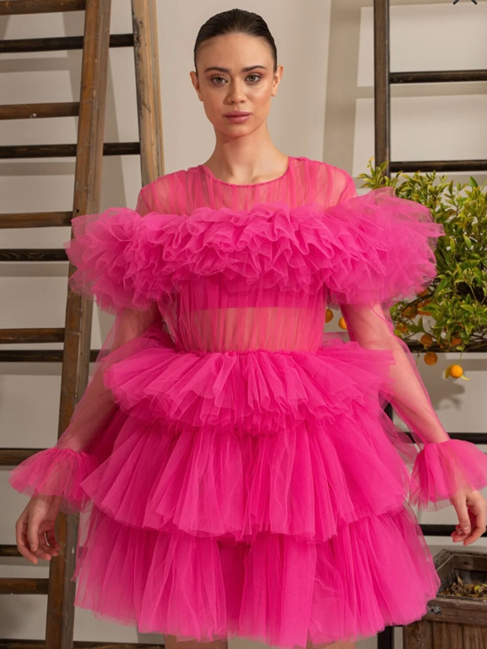 Vibrant Hot Pink Tiered Tulle Mini Dress - Picture 5 of 12